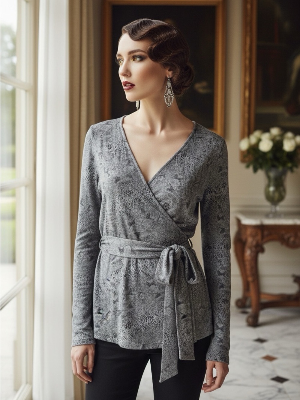 NWT $295 Dana Buchman Metallic Silver and Gray Python Print Wrap Sweater Size M